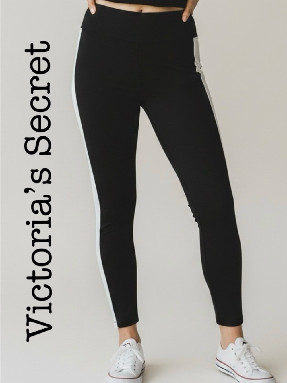 Victoria's Secret Black Leggings with White Side Stripes Size Large